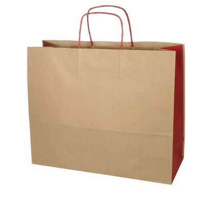Shopper carta riciclata bicolore avana e rosso, disponibili in varie misure